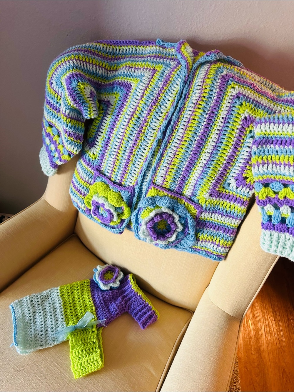 Handmade Crocheted Cardigan mommy-puppy duo in Purple, Blue & Green